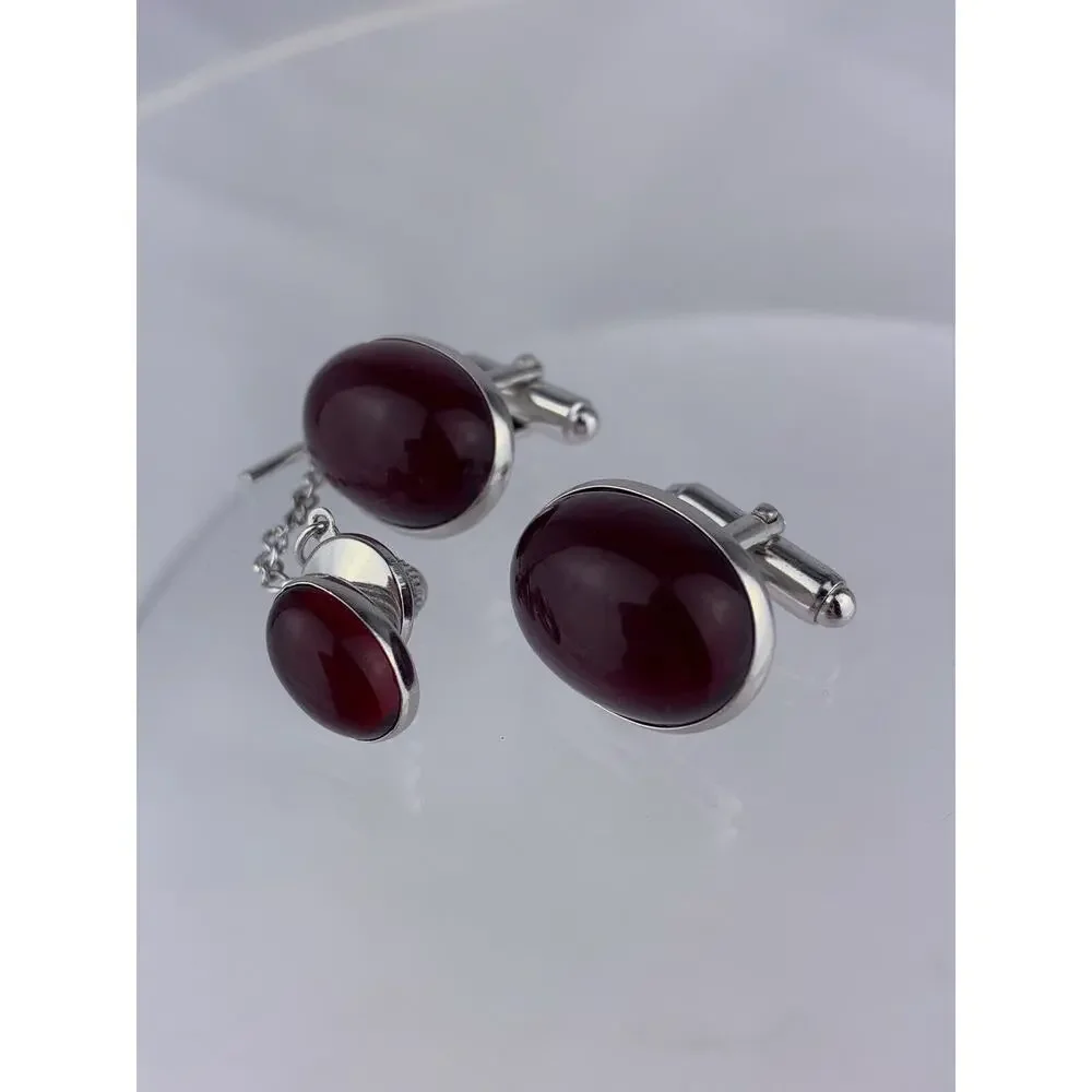 Red Cabochon Silver Tone Cufflinks Tie Pin Acrylic Oval Anson Vintage
